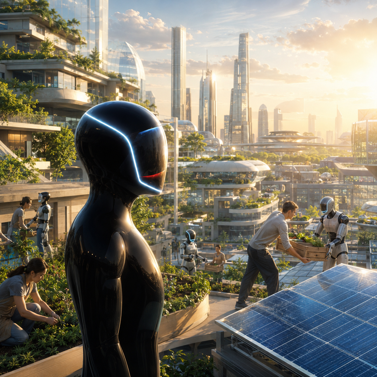 Humans and robots building an abundant city